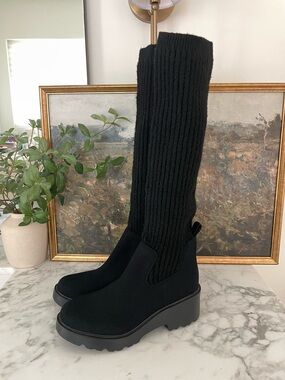 Vivaia Eduarda Knee High Wool Boots Tall Chunky Size 8 (39) Black Water Repel